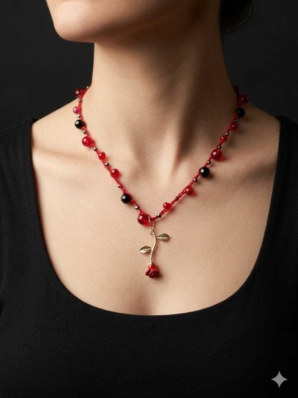 Handmade Beaded Crochet Necklace | Red & Black Floral Pendant Necklace